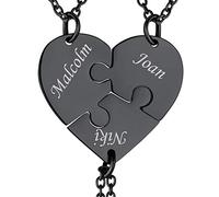 Suplight Best Friend Forever Collier Coeur Puzzle BFF Prénom Gravé Noir Pendentif Coeur Séparable Personnalisé pour 3 Amies/Famille Chaînes 45+5cm/1.5mm