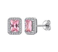 Suplight Clou d'oreille Boucles d'oreilles Femme Fille Pierre de Naissance Argent 925 Zircon Carré de 4 * 6 mm avec Un Cercle de Petit Blanc Zircon Cristal Rose Septembre
