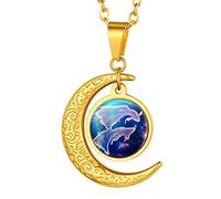 Suplight Collier Astrologique Bélier Plaqué Or Chaîne 50+5cm Pendentif Lune et Plaque Doré Bijou Tendance pour Femme Jeune Fille