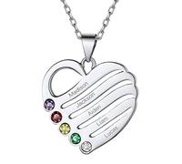 Suplight Collier Pendentif Prénom personnalisé 2/3/4/5/6/7 Pierres, Coeur/Rond, Argent 925 Pierre de Naissance Chaîne de Voiture/Chaîne de O 45cm pour Femme Fille Couple Famille Couleur Argent