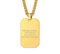 Suplight Collier Personnalisé Homme Plaqué Or Chaîne 60cm + Pendentif Dog Tag Doré Gravure avec Message Bijou Cadeau Spécial pour Papa/Mari