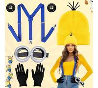 SUpoetry 5 Pièces Jaune Deguisement Halloween Adultes Enfants, Accessoires Jaunes Avec Lunettes, Bonnet, Gants, Boutons Bretelles, Costume de Film Pour Halloween, Carnaval Et Cosplay