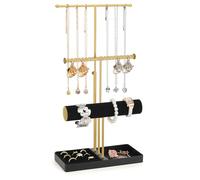 Support à bijoux 3 niveaux rotatif 360°, hauteur réglable, plateau velours amovible - Porte colliers, bracelets, bagues, boucles d’oreilles & montres - Organisateur bijoux femme en métal, idée cadeau