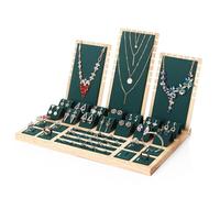 Support à Bijoux Présentoir à boucles d'oreilles en bois, plateau de rangement for bijoux, présentoir for bagues et colliers, ensemble pour L'affichage et le Stockage(vert)