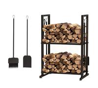 Support à Bois de Chauffage à 2 Niveaux,Range-bûches d'intérieur en Acier Tubulaire,avec Outils de cheminée, Brosse, Pelle, tisonnier et Pinces, Charge maximale 65 kg, pour poêle, Foyer