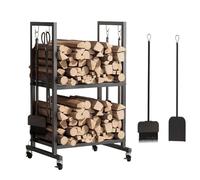 Support à Bois de Chauffage à 2 Niveaux,Range-bûches d'intérieur en Acier Tubulaire,avec Outils de cheminée, Brosse, Pelle, tisonnier et Pinces, Charge maximale 65 kg, pour poêle, Foyer