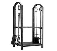 Support à bois de chauffage avec 5 outils de cheminée - Comprend un porte-bûches, une pince, un tisonnier, une brosse et une pelle pour une utilisation en extérieur