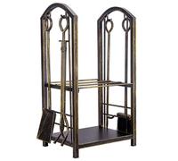 Support à bois de chauffage avec 5 outils de cheminée - Comprend un porte-bûches, une pince, un tisonnier, une brosse et une pelle pour une utilisation en extérieur