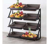 Support à collations de supermarché, présentoir à collations sur pied à 4 ou 5 étagères, grands supports de cuisine for pommes de terre, oignons et produits avec paniers verts et bruns, magasin de dét
