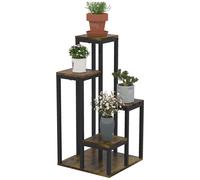 Support à fleurs style industriel 5 niveaux - porte plante 4 étagères - acier époxy noir aspect bois foncé G