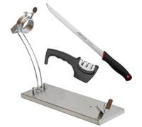 Support à jambon inoxydable pliable et rotatif professionnel avec base antidérapante pour couper les jambon et les palettes, comprend un couteau professionnel + aiguiseur | Elite (Inox + Couteau)