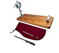 Support à jambon rotatif et télescopique + couvre-jambon bordeaux + aiguiseur manuel + couteau à jambon, Bois
