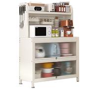 Support à micro-ondes à 4 niveaux et étagère de cuisine pour boulanger - Meuble de rangement blanc avec porte rabattable, fond de panier à monter soi-même pour cuisine, garage et garde-mange