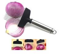 Support à oignons pour trancher, poignée en acier inoxydable, housse de protection incluse, aiguille pour trancher et stocker des tomates, citron, pommes de terre, carottes, œufs et autres légumes à
