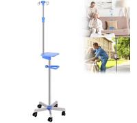 Support à perfusion, 5 roues Rolling IV avec 4 crochets, support de poche à perfusion en acier inoxydable réglable en hauteur, support pliable avec poignée et plateau polyvalent pour hôpital, soins à