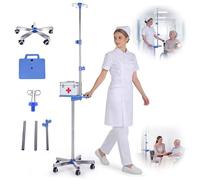 Support à perfusion réglable en acier inoxydable avec roulettes, plateau et 4 crochets - Hauteur réglable de 1,5 à 2 m, support à 5 pieds, charge maximale 8 kg pour hôpital, clinique et maison