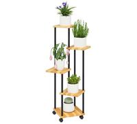 Outsunny Support à plantes à 5 niveaux pour intérieur et extérieur, étagère plante avec 4 roues, porte plantes en acier et bois pour jardin, terrasse, balcon, salon, bois naturel