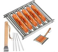 Support à saucisses en acier inoxydable avec poignée en bois, 5 capacités, accessoire pour camping, barbecue