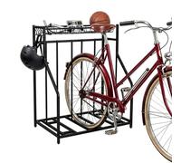 Support à vélos au sol Relaxdays, 3 vélos, largeur de pneus réglable 3-11 cm, panier et 6 crochets, noir