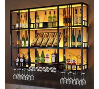 Support à verres à vin réglable et suspendu, style rustique, pour différents types de verres, support mural en métal avec éclairage LED - Présentoir à bouteilles industriel à 3 niveaux | Éta