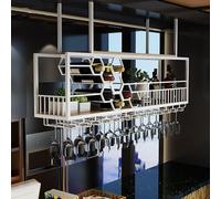 Support à vin Suspendu pour Plafond, étagère à vin métallique avec Rangement pour Bouteilles et Verres, Meuble à vin Flottant pour Bar Maison, Cuisine et Restaurant(White,150 * 30 * 40cm)