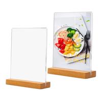Support Acrylique A5, Présentoirs de Table Forme de T, Porte Carte de Menu 2 Pièces, Porte Carte Transparent, Support D'affiche à Double Fente pour Carte, avec Base en Bois, pour Restaurant, Café