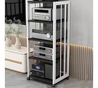 Support audio à 2 niveaux, armoire de rangement multimédia avec roues de frein, lecteur de disque mobile et étagère de console de jeu, finition élégante noire et teck, parfait pour le divertissement à