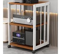 Support audio à 2 niveaux avec roues de frein, armoire de rangement mobile pour tourne-disque et console de jeu - Finition noire et teck, parfait pour le home cinéma.