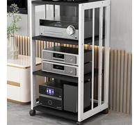 Support audio à 2 niveaux avec roues de frein, armoire de rangement mobile pour tourne-disque et console de jeu, design élégant noir et teck, parfait pour le divertissement à domicile