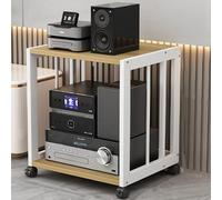 Support audio à 2 niveaux avec roues de frein, meuble de rangement mobile pour tourne-disque et console de jeu - Finition élégante noire et teck