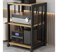 Support audio à 2 niveaux avec roues de frein - Meuble de rangement multimédia mobile pour tourne-disque et console de jeu - Design élégant noir et teck, parfait pour le divertissement à domicile