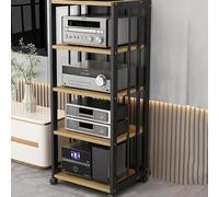 Support audio à 2 niveaux avec roulettes, armoire de rangement multimédia pour tourne-disque et console de jeu, étagère réglable en noir et teck, parfait pour le divertissement à domicile