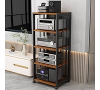 Support audio à 2 niveaux avec roulettes, meuble de rangement multimédia mobile pour tourne-disque et console de jeu, finition élégante noire et teck, parfait pour le divertissement à domicile