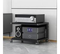 Support audio à roulettes en bois à 2 niveaux pour tourne-disques, consoles de jeux, DVD, support TV stéréo pour salon et salle de jeux (noir 50 x 40 cm)