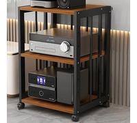 Support audio, armoire de rangement multimédia à 2 niveaux avec roues de frein, lecteur de disque mobile et étagère de console de jeu, design élégant noir et teck pour divertissement à domicile