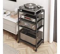 Support audio HiFi à 4 niveaux pour platines vinyle - Console pliable en métal avec roulettes - Étagères extensibles - Support audio stéréo pour CD - Organisateur de composants de divertissement