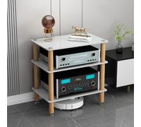 Support audio HiFi, armoire de rangement multimédia avec étagères en verre trempé, design absorbant les chocs, pieds en bois massif, centre de divertissement moderne pour home cinéma et équipement