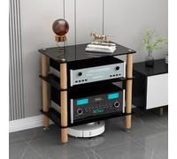 Support audio HiFi - Armoire de rangement multimédia avec étagères en verre trempé et pieds en bois massif pour une stabilité ultime et une décoration d'intérieur élégante