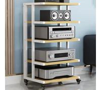 Support audio moderne à 4 niveaux avec roues de frein - Élégant support Hifi pour composants audio/système stéréo et rangement d'angle - Finition blanc et noyer