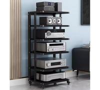 Support audio moderne à 4 niveaux avec roues de frein - Élégant support Hifi pour composants audio/système stéréo et rangement d'angle - Finition blanc et noyer