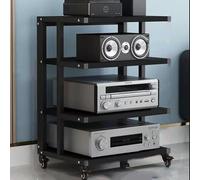 Support audio moderne à 4 niveaux avec roues de frein - Élégant support Hifi pour composants audio/système stéréo et rangement d'angle - Finition blanc et noyer
