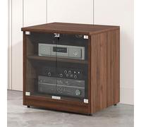 Support Audio Visuel en Verre Trempé Étagère Multimédia en Bois, Étagère pour Platine Vinyle avec Passe-câbles Hauteur Réglable, Audio Armoire AV Centre(Brown)