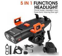 Support Avant De VéLo Led 5 En 1, Klaxon, Support De TéLéPhone Portable, Sonnette D'avertissement, Powerbanks, Lampe De Poche De VéLo, Accessoires De Cycle Rechargeables Par Usb Avec 5 Effets Sonores 