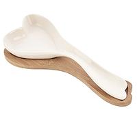 Support cuillère de cuisine en céramique blanche avec soucoupe en bois en forme de cœur