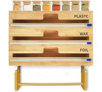 Support D’Organisateur De Rouleau en Bambou, Distributeur De Film Alimentaire Distributeur D’Emballage 4 en 1 avec Cutter, Distributeur De Papier D’Aluminium Et De Papier Ciré pour Emballag