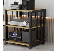 Support d'angle AV mobile pour lecteurs DVD et amplificateurs, étagères réglables, finition élégante noire et noyer, parfait pour la configuration home cinéma.
