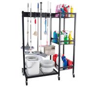 Support de balai - Chariot de nettoyage mobile avec 6 crochets de suspension et 3 crochets doubles - Chariot ménager - Support de balai et de serpillère pour la maison et le commerce - 25,6 x 11,8 x