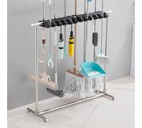 Support De Balai Et Serpillière en Métal Robuste, Station De Ménage Multifonctionnelle, Chariot De Nettoyage Et Organisateur D'outils pour Jardin, Garage, 20 mop Clips + 24 Hooks