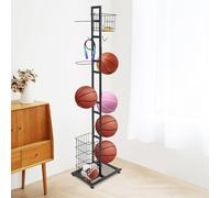 Support de ballon de basket-ball - Étagère de rangement pour ballon de basket-ball - Support de balle au sol avec 7 supports de balles, 2 crochets en forme de V et 2 paniers - Pour volley-ball