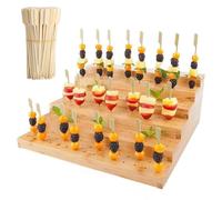 Support de brochettes en bambou pour apéritif - Plateau en bois avec 120 trous et 100 bâtons - Présentoir alimentaire pour fête, buffet, cocktail et restauration (5 niveaux)